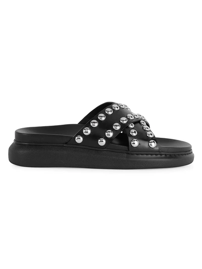 Shop Alexander Mcqueen Men's Studded Leather Slide Sandals In Black Silver