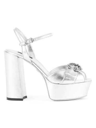 Shop Dolce & Gabbana D & G Girls Metallic Leather Platform Sandals In Argento