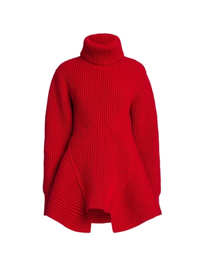 Shop Alexander Mcqueen Ribbed Peplum Turtleneck Sweater In Lust Red