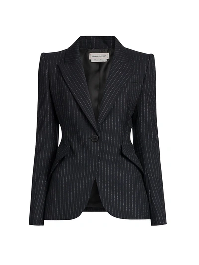Shop Alexander Mcqueen Women's Pinstripe Peak Shield Blazer Jacket In Black Silver