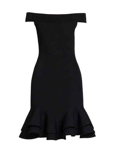 Shop Alexander Mcqueen Off-the-shoulder Ruffle-hem Mini Dress In Black