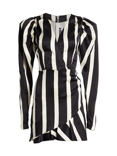 Shop Rotate Birger Christensen Aiken Puff-sleeve Stripe Wrap Dress In Black Combo