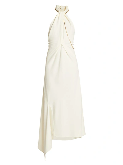Shop Victoria Beckham Halter Chain Asymmetric Midi Dress In Vanilla