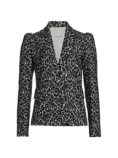 Shop Michael Kors Bonded Lace Puff-sleeve Blazer In Ivory Black