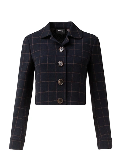 Shop Akris Plaid Wool-blend Double Face Cropped Jacket In Navy