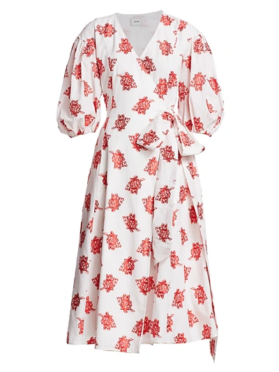Shop Erdem Marguerite Rose Cotton Fil Coupe Puff Sleeve Midi Wrap Dress In White Red
