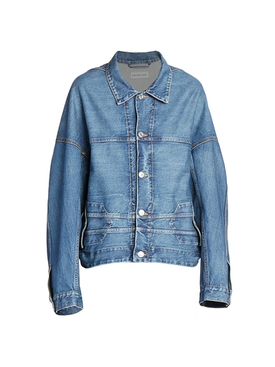 Shop Balenciaga Upside Down Denim Jacket In Blue Jean