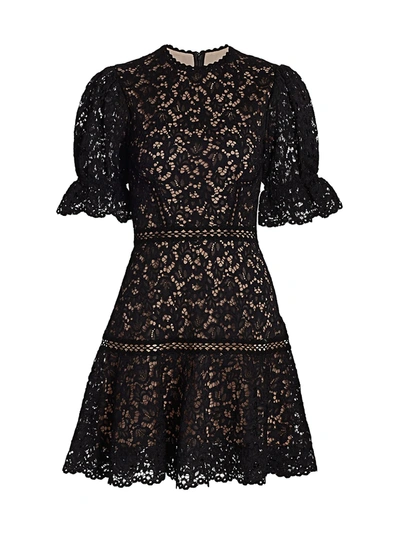 Shop Jonathan Simkhai Lace Puff-sleeve Flounce Mini Dress In Black