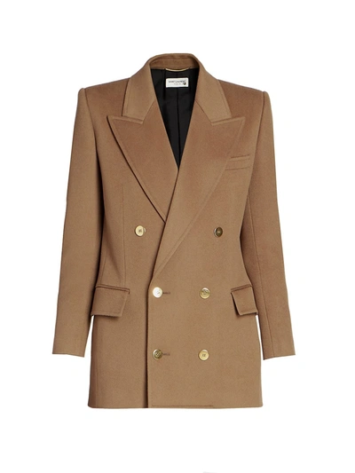 Shop Saint Laurent Double Breasted Wool & Cashmere Jacket In Camel