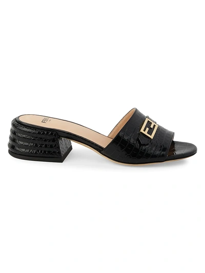 Shop Fendi Croc-embossed Leather Mules In Black