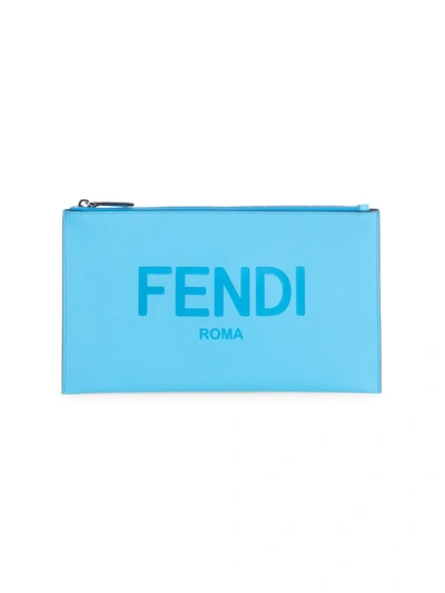 Shop Fendi Women's Medium Logo Leather Pouch In Pool Palladium
