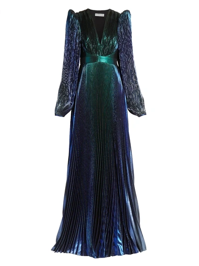 Shop Givenchy Women's Pleated Lamé Puff-sleeve Gown In Blue Green