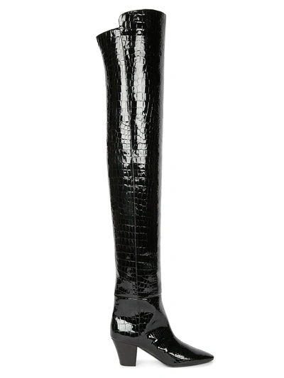 Shop Saint Laurent Women's Sun Over-the-knee Croc-embossed Leather Boots In Nero