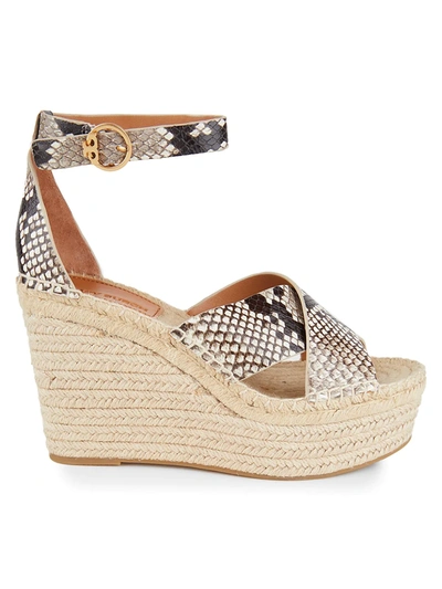 Shop Tory Burch Shelby Snakeskin-embossed Leather Espadrille Wedge Sandals In Warm Roccia