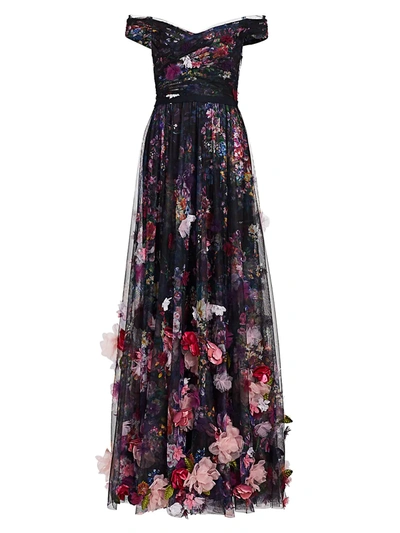 Shop Marchesa Notte 3d Floral Embroidered Tulle Gown In Black