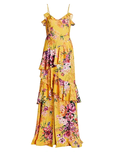 Shop Marchesa Notte Women's Ruffle Floral Crepe Gown In Marigold