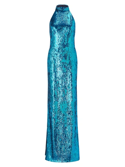Shop Galvan Women's Oceana Sequin Halter Gown In Turquoise