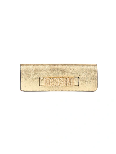 Shop Moschino Embellished Logo Metallic Clutch In Shiny Gold