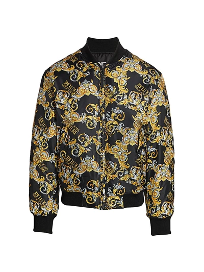 Shop Versace Jeans Couture Men's Reversible Baroque-print Bomber Jacket In Black Gold