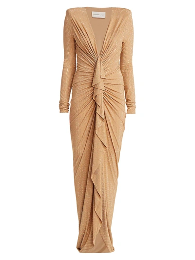 Shop Alexandre Vauthier Women's Metallic Stud Ruched Gown In Gold Beige