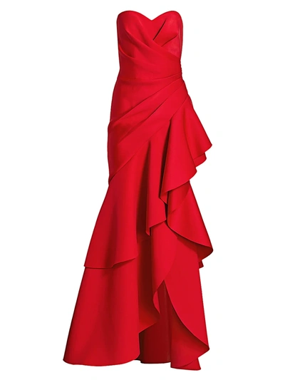 Shop Badgley Mischka Strapless Ruffle Scuba Gown In Bright Siam