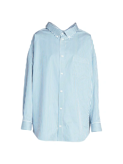 Shop Balenciaga Pinstripe Swing Shirt In Petrol Blue White