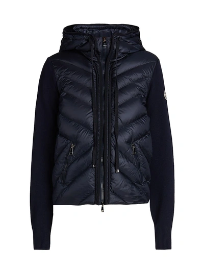 Shop Moncler Hooded Nylon Down Combo Knit Sweater In Navy
