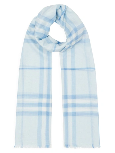 Shop Burberry Giant Check Gauze Scarf In Soft Blue