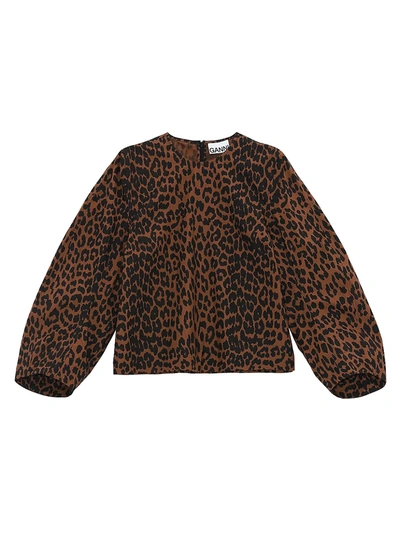 Shop Ganni Leopard Cotton Blouse In Toffee