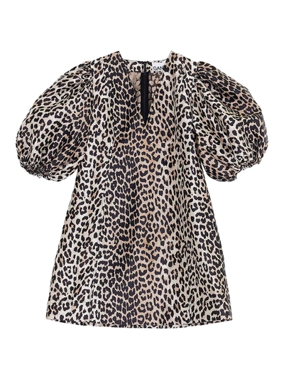 Shop Ganni Leopard Jacquard Mini Dress In Phantom