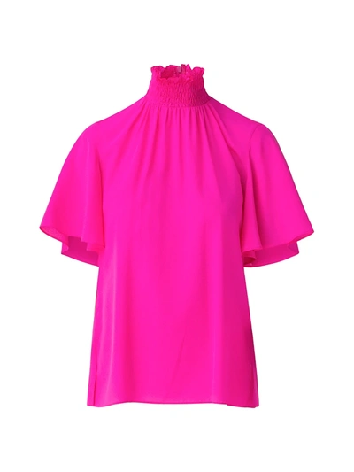 Shop Akris Punto Silk Ruffleneck Blouse In Neon Pink