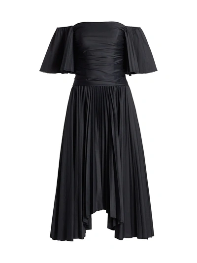 Shop Amur Rinna Off-the-shoulder Pleated Midi Dress In Black