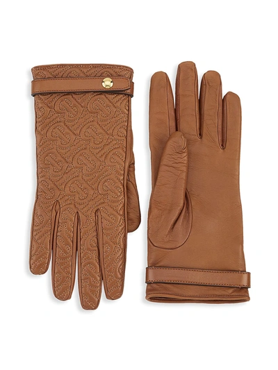 Shop Burberry Quilted Tb Monogram Leather Gloves In Brown