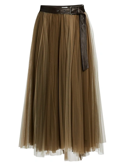 Shop Brunello Cucinelli Women's Pleated Tulle Belted Skirt In Camel