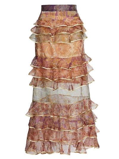 Shop Zimmermann Women's Lucky Tiered Silk Skirt In Spliced Jacobean