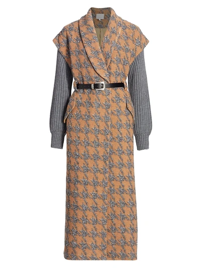 Shop Cinq À Sept Women's Melissa Wool-blend Rib-knit Sleeve Houndstooth Coat In Cinnamon Charcoal