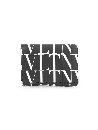 Shop Valentino Vltn Tri-fold Leather Wallet On Strap In Black White