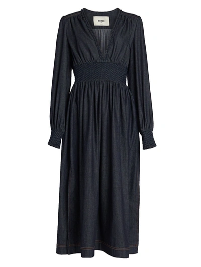 Shop Fendi Shirred Denim Midi Dress In Dark Blue