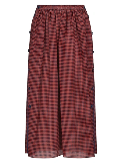 Shop Fendi Plaid Button Silk Skirt In Red