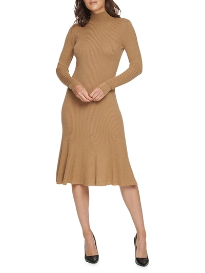 Shop Donna Karan Mockneck Stretch Merino Wool-blend Dress In Camel