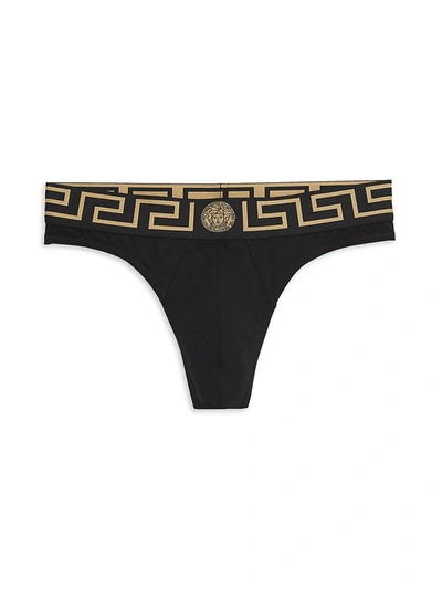 Shop Versace Men's Logo Thong Briefs In Black Gold