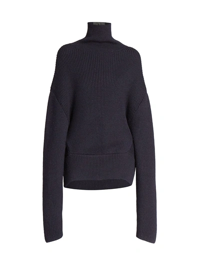 Shop Balenciaga Upside Down Wool Knit Turtleneck Sweater In Navy