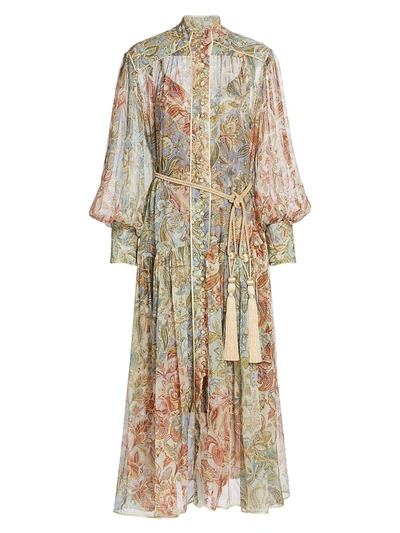 Shop Zimmermann Women's Lucky Bound Puff-sleeve Floral Silk Midi Dress In Mixed Jacobean