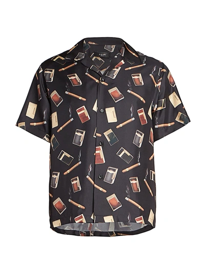 Shop Amiri Men's Dupont Falling Cigarette-print Silk Short-sleeve Shirt In Black