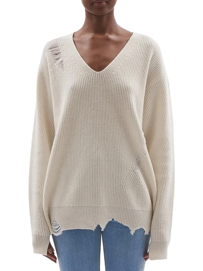 Shop Helmut Lang Women's Distressed V-neck Wool & Cashmere Sweater In Winter White