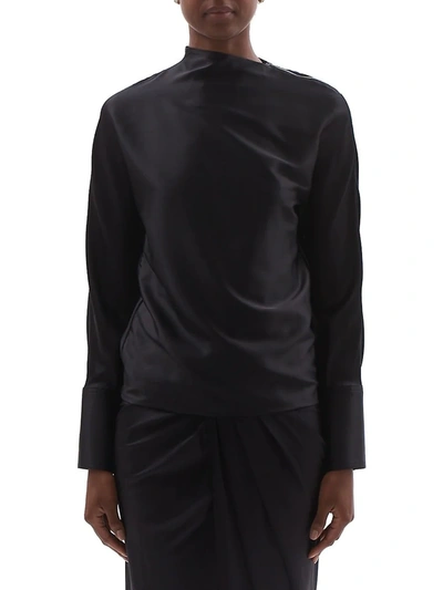 Shop Helmut Lang Women's Silk-satin Long-sleeve Blouse In Black