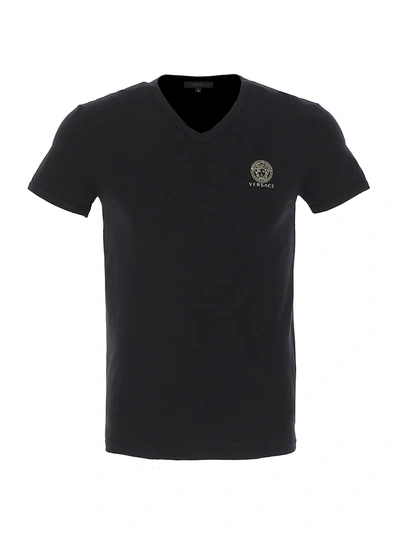 Shop Versace Men's V-neck Logo T-shirt In Nero