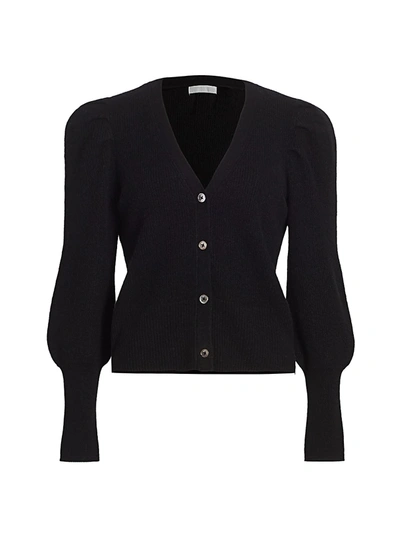 Shop Design History Crop Cashmere Puff-sleeve Cardigan In Black