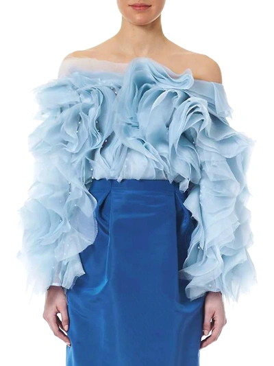 Shop Carolina Herrera Women's Faux-pearl Embellished Chiffon Ruffle Off-the-shoulder Blouse In Celeste Multi