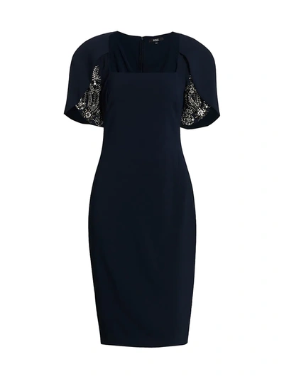 Shop Badgley Mischka Beaded Tulip-sleeve Dress In Navy